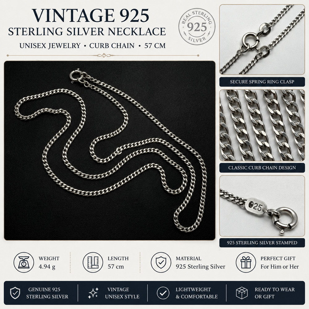 Vintage 925 Sterling Silver Necklace Unisex Jewelry Curb Chain 57 cm