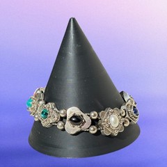 Vintage Victorian Revival Slide Bracelet Silver Tone Cameo Charm Safety Chain