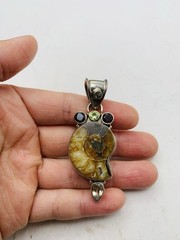 Vintage Sterling Silver 925 Peridot Smoky Topaz Gemstone Ammonite Fossil Pendant