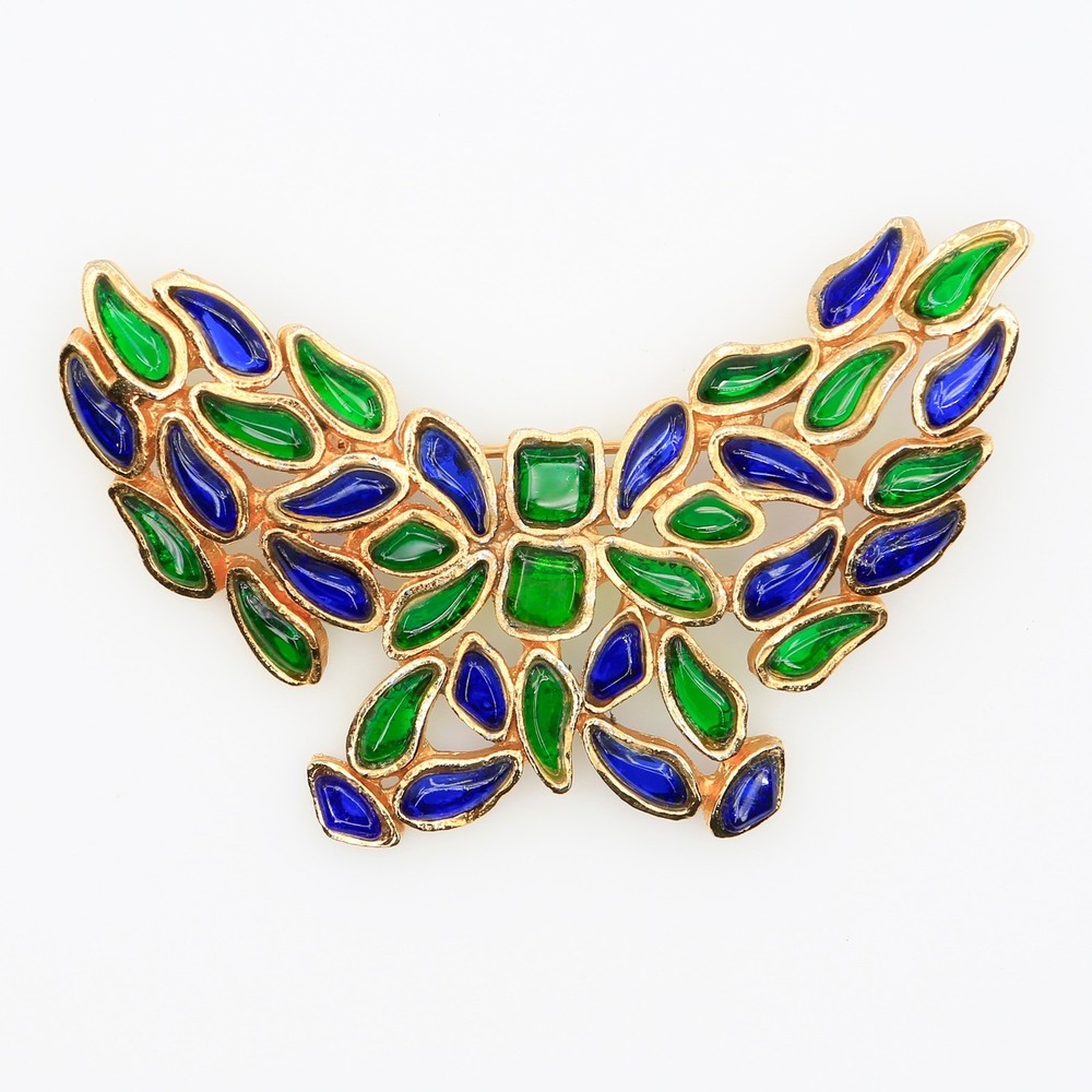 Vintage Hobe Blue Green Mosaic Plique A Jour Style Butterfly Brooch 1960s