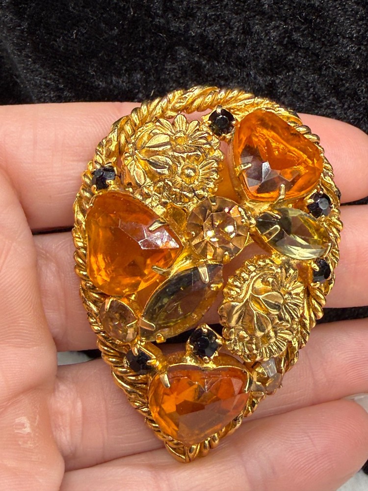 Vintage Rhinestone Brooch Orange Domed Fall Autumn
