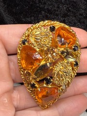 Vintage Rhinestone Brooch Orange Domed Fall Autumn