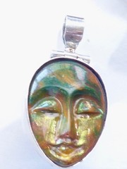 VINTAGE STERLING SILVER 925 RAINBOW LABRADORITE CARVED FACE PENDANT 1 3/4″