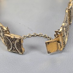 Antique Gold -Tone & Black Damascene Spain Brooch & Bracelet Floral Motif Ornate