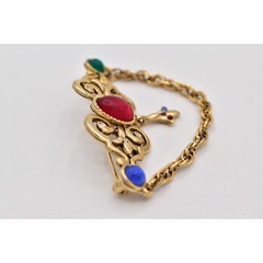 AJC Vintage Victorian Cabochon Pin Brooch Antiqued Gold Chain Signed 1980s BinBP