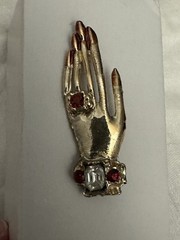 Vintage Hand Brooch Red & White Rhinestone Enamel Nails Figural Statement Pin