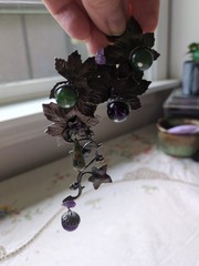 Vintage 60s Grape Vine Clip On Earrings And Matching Brooch, Silver Tone