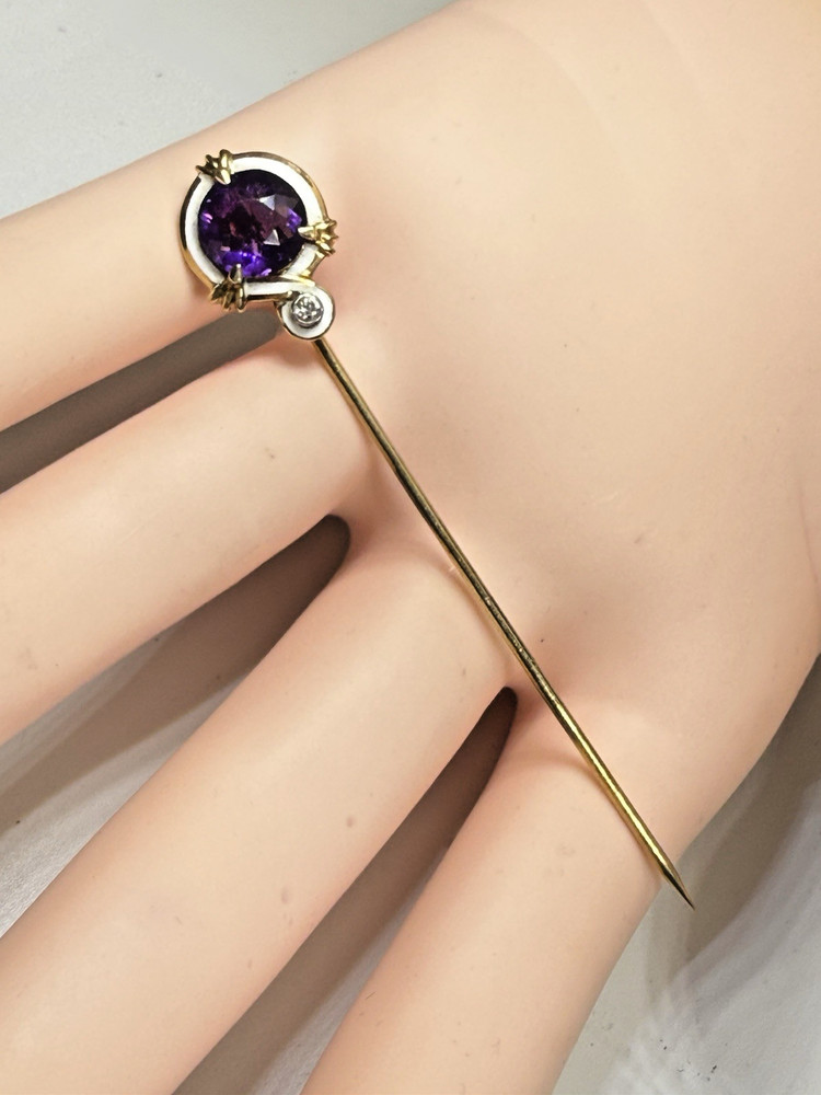 Antique 14K Enamel Art Deco Round Faceted Amethyst Diamond Stick Pin