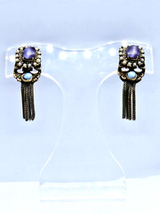 VINTAGE ANTIQUE GOLD TONE KARU BEAD CABOCHON FAUX PEARL TASSEL CLIP ON EARRINGS