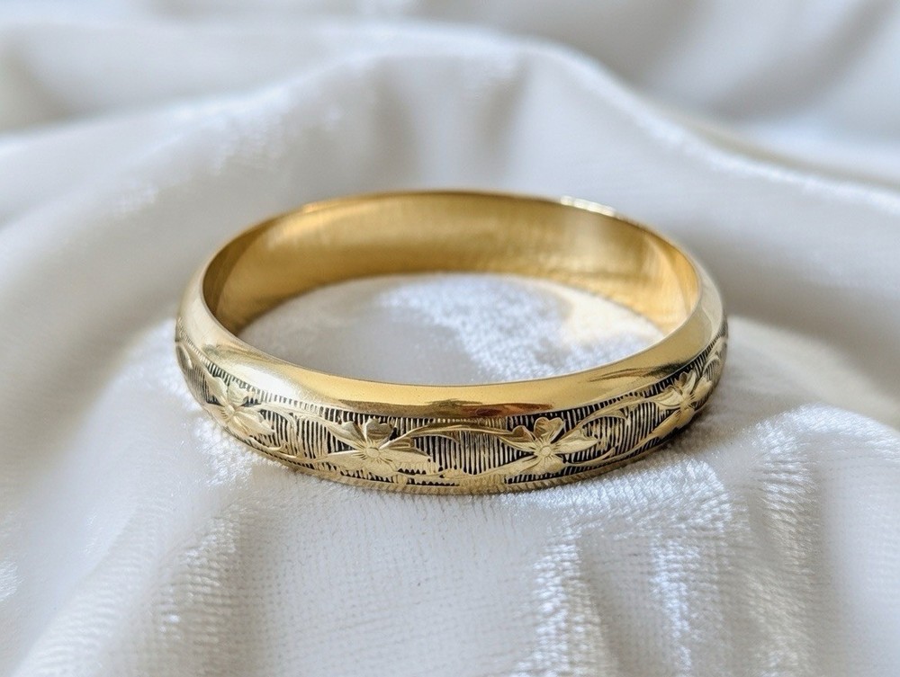 Vintage 12k Gold Filled Floral Etched Bangle Bracelet Signed Marathon Co
