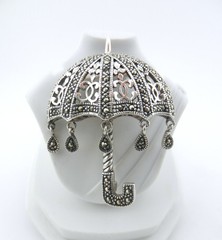 Vintage Sterling Silver Marcasite Rainy Day Umbrella with Dangles Pin 1 3/4″