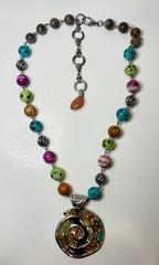 Y2K Art Glass Bead Necklace Enamel Swirl Pendant Multicolor Statement 23”