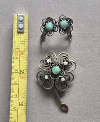 Vintage Hobe faux pearl turquoise cabochon flower brooch and earrings set