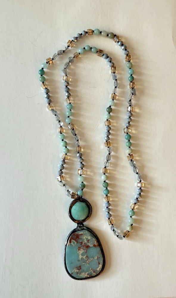 Bohemian Vintage style Natural Shoushan Stone Glass Pendant Necklace Oval 33”