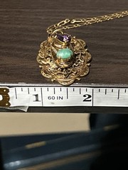 Vintage French Stamp Gold Plate Necklace Art Deco Purple Green Stones Pendant