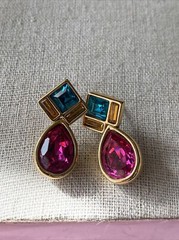 Signed Vintafe Gold Tone Pink and Green Swarovski Crystal Earrings!