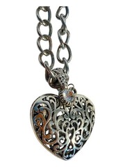 Vintage Antique Silver Tone Filigree Openwork Puff Heart Rhinestone Necklace