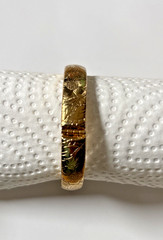 Gold Metal Bangle Bracelet Etched Floral Design Hinge Inside Circumfrrence 6.75″