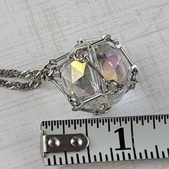Vintage Clear Faceted Cut Crystal Pendant In Silver Tone Cage Long 30″ Necklace
