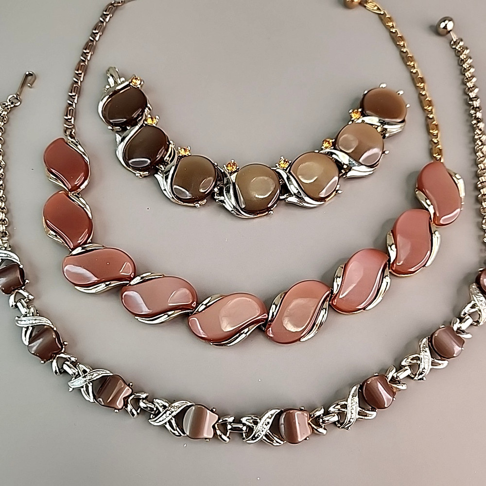Vintage Thermoset Necklace Bracelet Lot of 3 Brown Gold Tone 17″