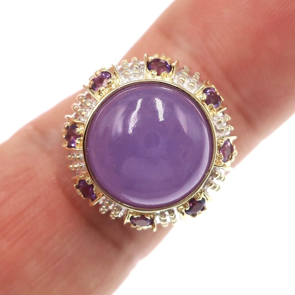 Classic 14k Solid Yellow Gold Natural Lavender Jade and Amethyst Ring Size 5.75