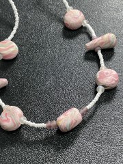 Vintage 16” Pink Polymer Clay White Glass Beaded Necklace