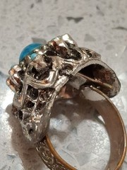 Vintage Coctail Ring Blue Cabachon Dome Dark Silver Tone Ornate Band Adjusts