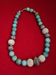 Vintage Tibetan Style Turquoise Necklace with Silver & Carved Bovine Bone Beads
