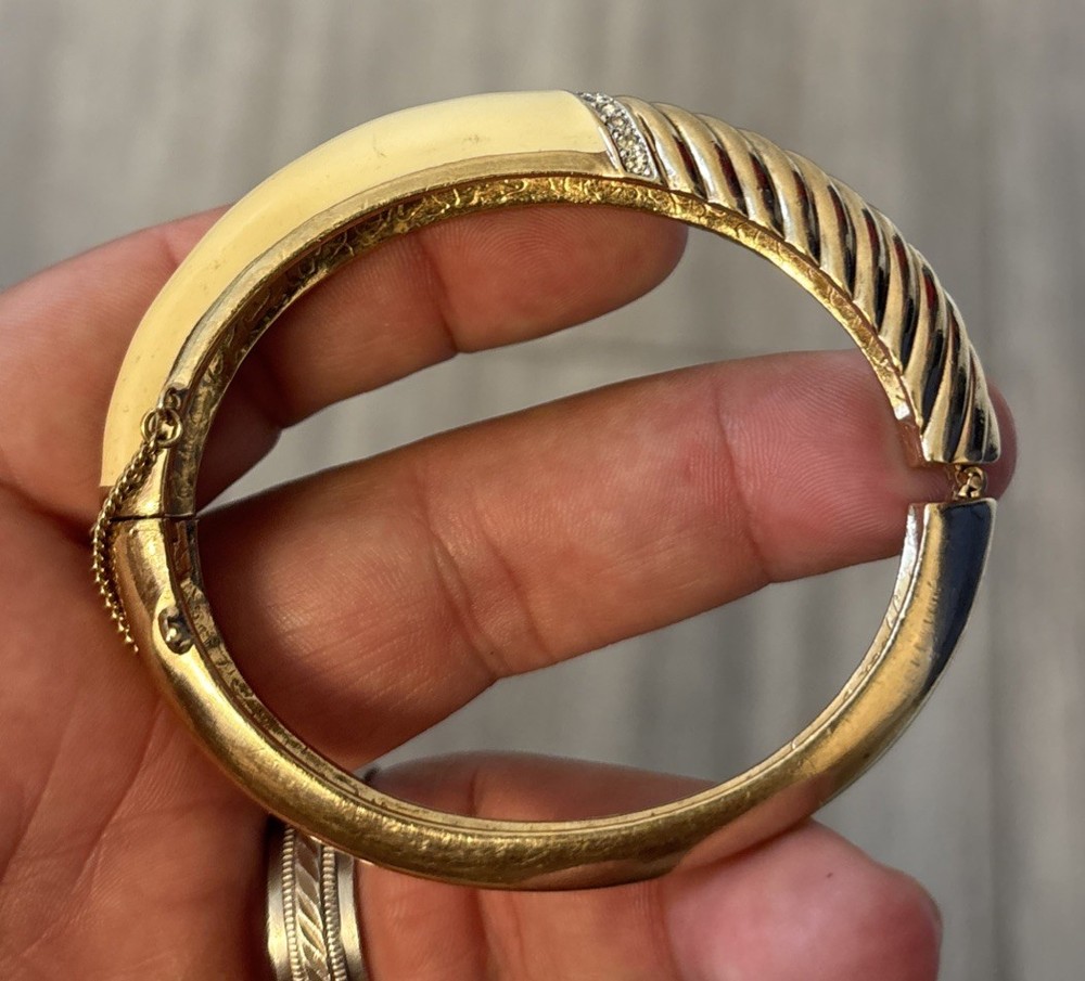 Vtg PANETTA Gold White Enamel w/ Pave Crystals Hinged Bangle Bracelet