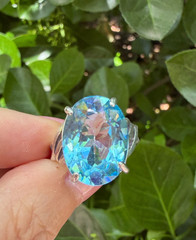 VINTAGE LARGE OVAL CUT BLUE TOPAZ SOLITAIRE RING 925 STERLING SILVER STATEMENT