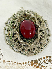 Vintage Victorian Revival Filigree Pendant, Deep Burgundy Glass Cabochon,