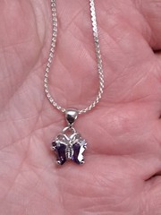 18K GP butterfly pendant necklace, purple stones, prong set, 18″