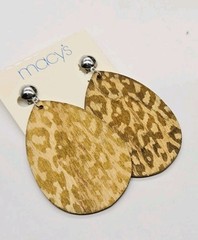 Leopard Wood Clip on Earrings Oval Dangle Silver tone Boho 80’s Vintage Macy’s