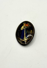 Russian Black Lacquer Hand-Painted Brooch: Signed Folk Art Pin