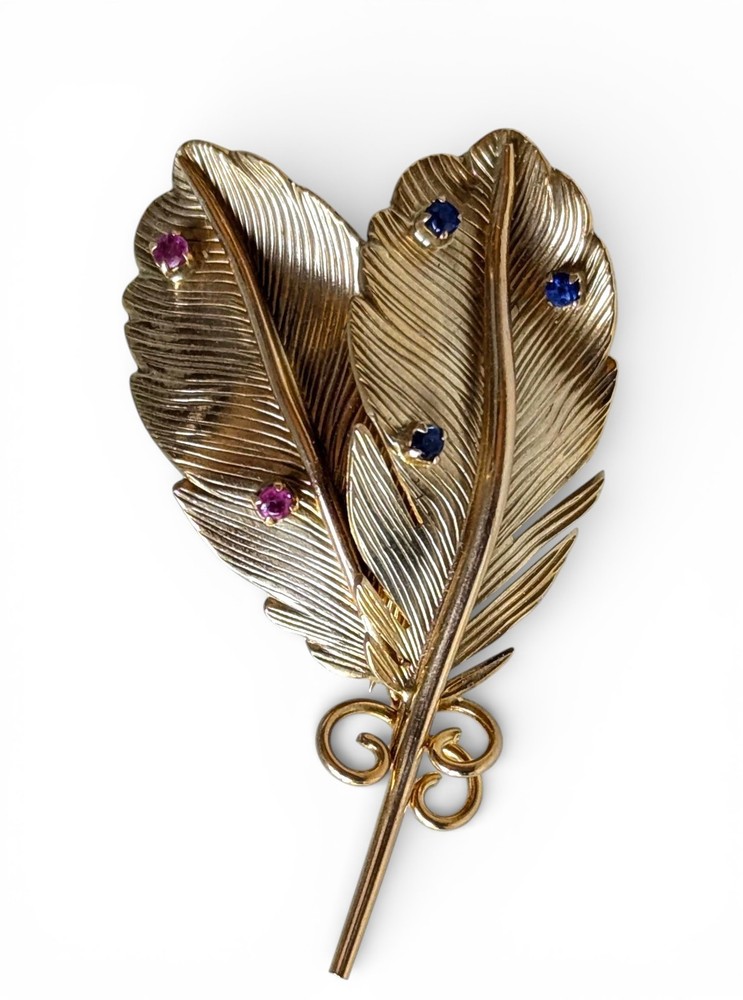 Vintage 14k Gold Feather & Gemstone Brooch/Pin SIGNED 8.9grams eBay GIA Verified