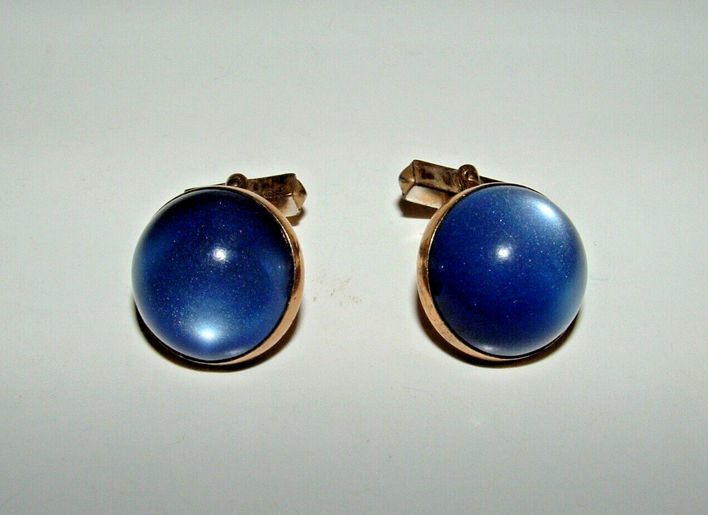Swank Blue Cabochon Gold-tone Cufflinks, Bullet Back Toggle, Vintage, pre-owned