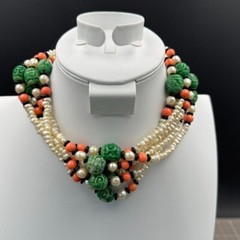 Kenneth Jay Lane KJL 6 Strand Asian Style Faux Pearl Jade Onyx Necklace