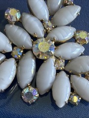Vtg Rectangle GoldTone Brooch AB Rhinestone White Milk Glass Marquise Stones B30