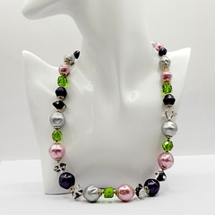 Colorful Glass & Faux Pearl Style Multi Color Shape Bead Vintage Necklace 21 In