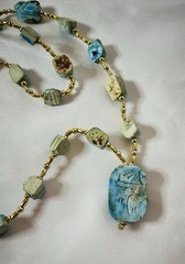 Vintage Egyptian Revival Cared Soap Stone Scarab Turquoise Necklace