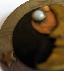 Vintage Mixed Metal Man in the Moon Brooch Brass Copper Mother of Pearl