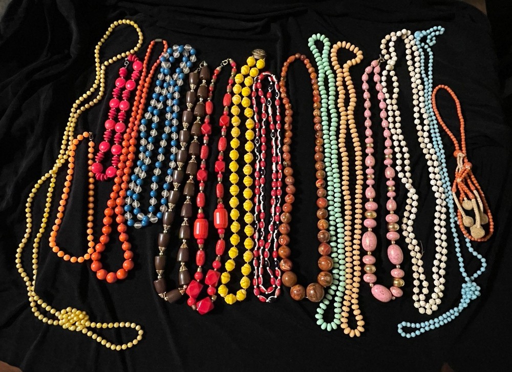 Vintage Beaded Necklace Lot (16) Neon Colors Glass Plastic Various Sizes Spacers