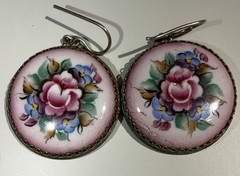 Vintage Earrings Rostov Finift Russian Enamel Painted Floral Dangle Silver Tone