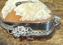 Vintage 14K Solid White Gold Cameo Brooch Pendant – Filigree, Diamond, Flowers