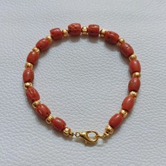 Natural Italy Red Coral Drum Beads Bracelet Brass Handmade CoralGemstone Jewelry