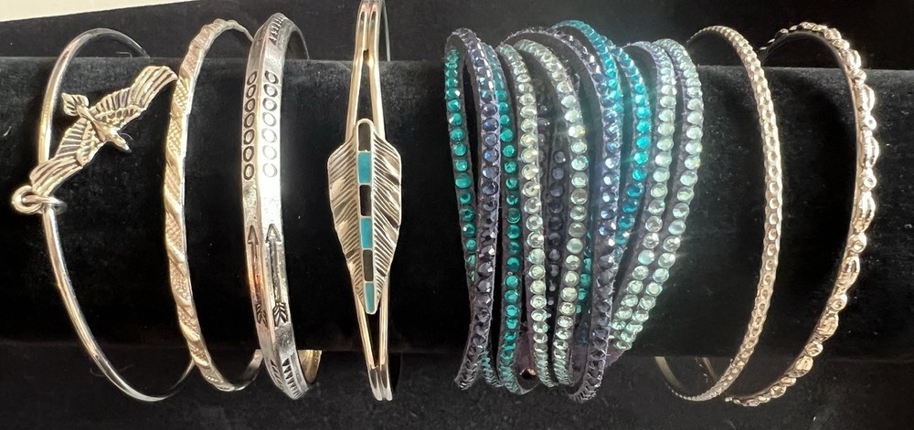 Lot 7 pc Silver & Turquoise Tone Blue Eagle Feather Bangle Bracelet Jewelry D37