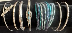Lot 7 pc Silver & Turquoise Tone Blue Eagle Feather Bangle Bracelet Jewelry D37