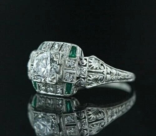 Art Deco Round Lab Created Diamond & Emerald Wedding 14K White Gold Finish Ring