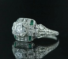 Art Deco Round Lab Created Diamond & Emerald Wedding 14K White Gold Finish Ring