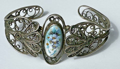 Vintage Painted Floral Motif Enamel Cuff Bracelet W/ Ornate Filigree